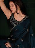 Georgette Satin Contemporary Saree in Teal Enhanced with Cutwork - 1