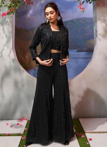 Georgette Trendy Salwar Suit in Black Enhanced with Embroidered
