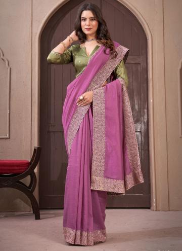 Glorious Rose Pink Vichitra Silk Border Classic Designer Saree
