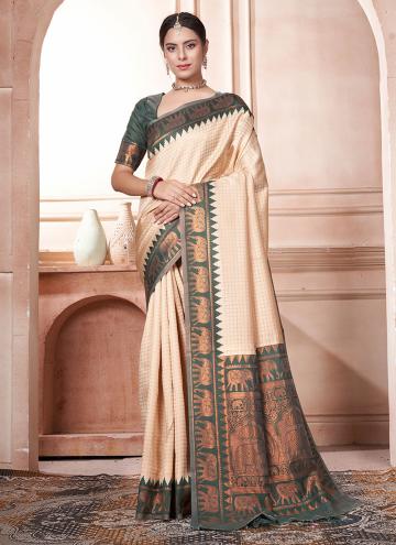 Glorious Woven Kanjivaram Silk Cream and Green Classic Designer Saree