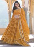 Glorious Yellow Faux Georgette Embroidered A Line Lehenga Choli for Festival - 1