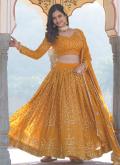 Glorious Yellow Faux Georgette Embroidered A Line Lehenga Choli for Festival - 2