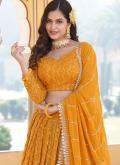 Glorious Yellow Faux Georgette Embroidered A Line Lehenga Choli for Festival - 3