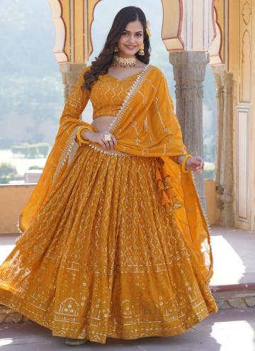 Glorious Yellow Faux Georgette Embroidered A Line Lehenga Choli for Festival