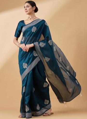 Gratifying Embroidered Cotton  Teal Classic Designer Saree