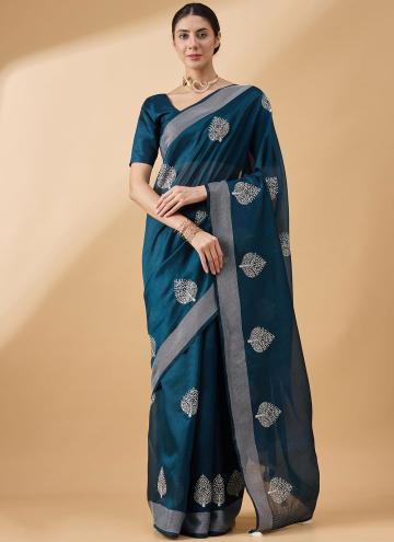 Gratifying Embroidered Cotton  Teal Classic Designer Saree