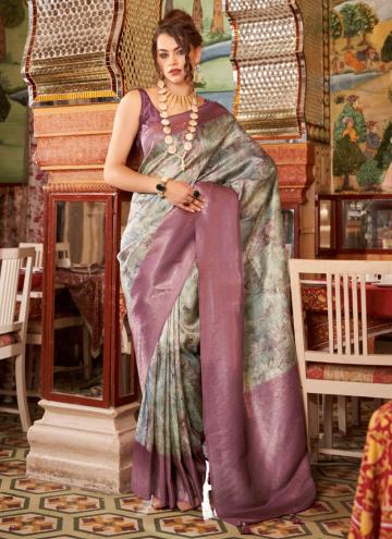 Gratifying Grey and Purple Silk Fancy work Classic Designer Saree
