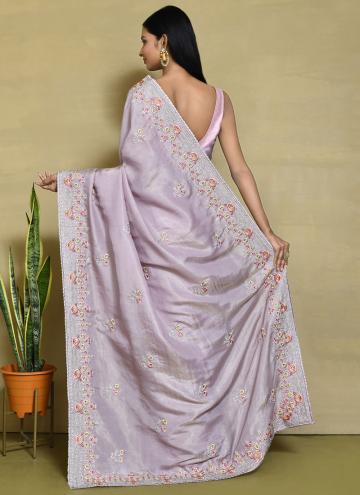 Gratifying Lavender Satin Silk Embroidered Classic Designer Saree for Engagement