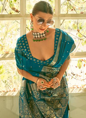 Gratifying Woven Satin Silk Teal Classic Designer Saree