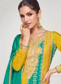 Green and Mustard Designer Salwar Kameez in Chinon with Embroidered - 1