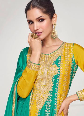 Green and Mustard Designer Salwar Kameez in Chinon with Embroidered