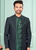 Green and Navy Blue Brocade Embroidered Indo Western for Engagement - 1