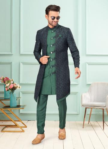 Green and Navy Blue Brocade Embroidered Indo Western for Engagement
