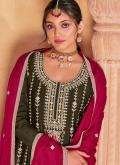 Green and Pink Trendy Salwar Kameez in Chinon with Embroidered - 1