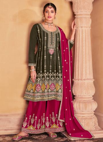 Green and Pink Trendy Salwar Kameez in Chinon with Embroidered