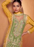 Green and Yellow color Chinon Designer Salwar Kameez with Embroidered - 1