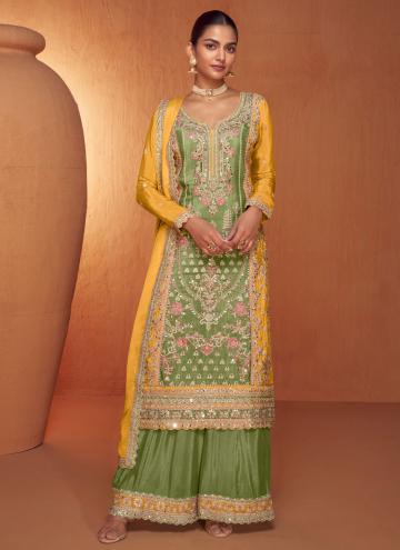 Green and Yellow color Chinon Designer Salwar Kame