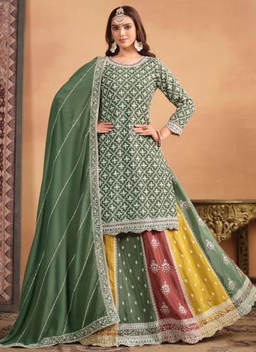 Green Chinon Embroidered A Line Lehenga Choli for Ceremonial