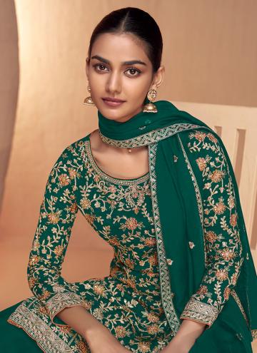 Green Chinon Embroidered Salwar Suit for Ceremonia