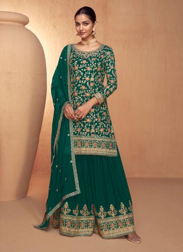 Green Chinon Embroidered Salwar Suit for Ceremonia