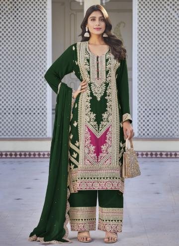 Green color Chinon Salwar Suit with Embroidered