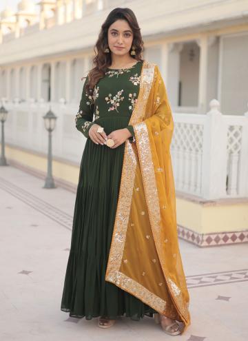 Green color Embroidered Faux Georgette Gown