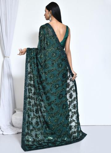 Green color Embroidered Satin Silk Trendy Saree