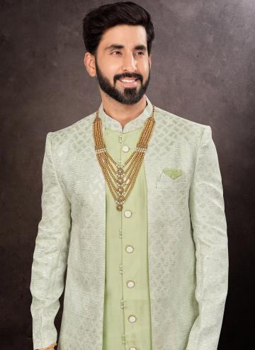 Green color Jacquard Indo Western with Jacquard Work