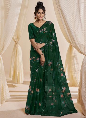 Green color Printed Satin Trendy Saree