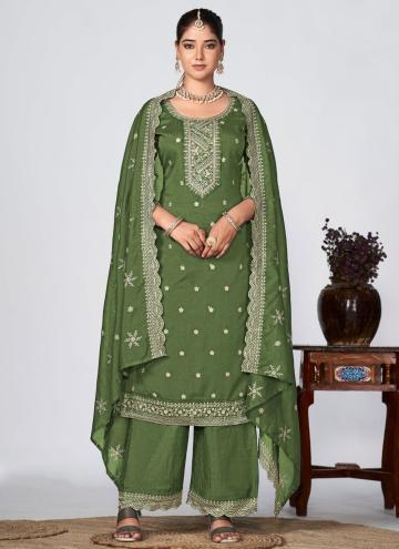 Green color Vichitra Silk Salwar Suit with Embroidered
