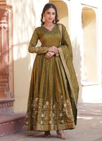Green color Viscose Gown with Embroidered