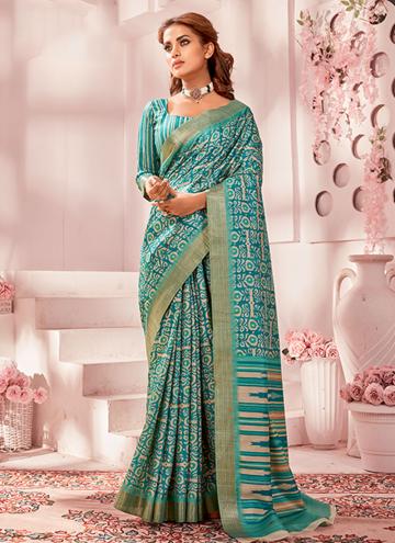 Green Contemporary Saree in Handloom Silk with Printed