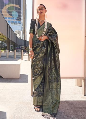 Green Contemporary Saree in Handloom Silk with Wov