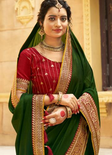 Green Contemporary Saree in Vichitra Silk with Embroidered