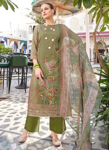 Green Designer Salwar Kameez in Cotton  with Aari Work