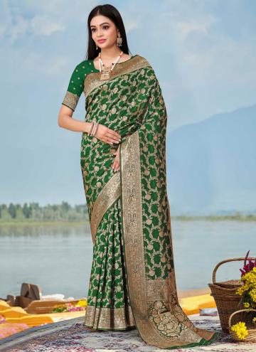 Green Designer Saree in Banarasi with Floral Print