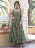 Green Faux Georgette Plain Work Gown for Ceremonial - 1
