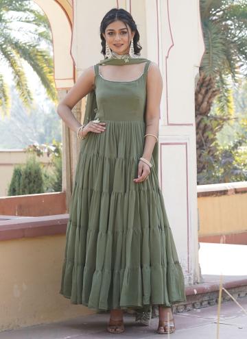Green Faux Georgette Plain Work Gown for Ceremonial