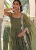 Green Faux Georgette Plain Work Gown for Ceremonial - 4