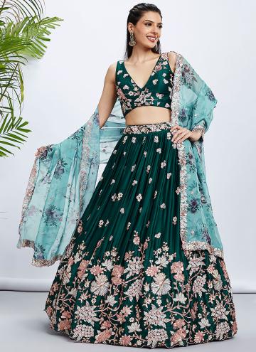 Green Georgette Embroidered A Line Lehenga Choli for Engagement