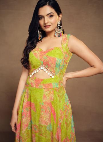 Green Georgette Printed Readymade Designer Gown for Ceremonial