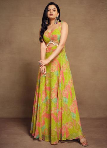Green Georgette Printed Readymade Designer Gown for Ceremonial