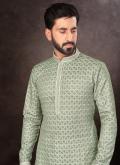 Green Jacquard Embroidered Kurta Pyjama for Engagement - 1