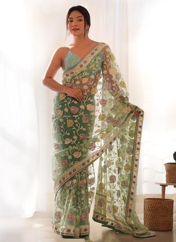Green Net Embroidered Contemporary Saree