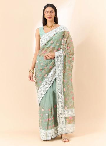 Green Organza Embroidered Contemporary Saree for Ceremonial