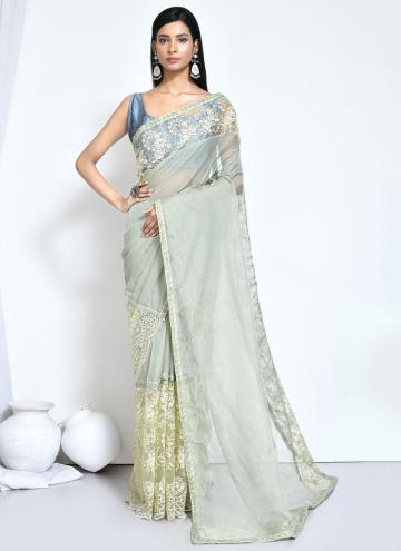 Green Organza Embroidered Trendy Saree for Ceremonial