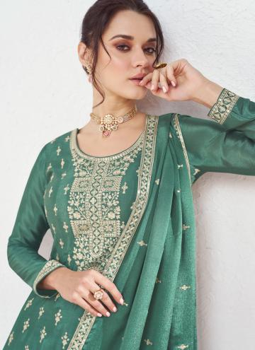 Green Salwar Suit in Chinon with Embroidered
