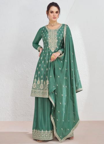 Green Salwar Suit in Chinon with Embroidered