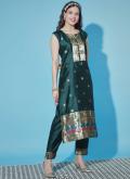 Green Salwar Suit in Cotton Silk with Jacquard Work - 3
