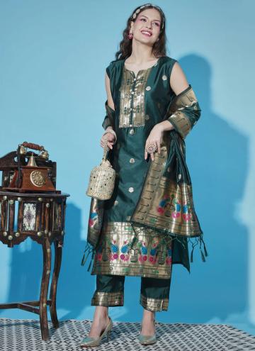 Green Salwar Suit in Cotton Silk with Jacquard Work
